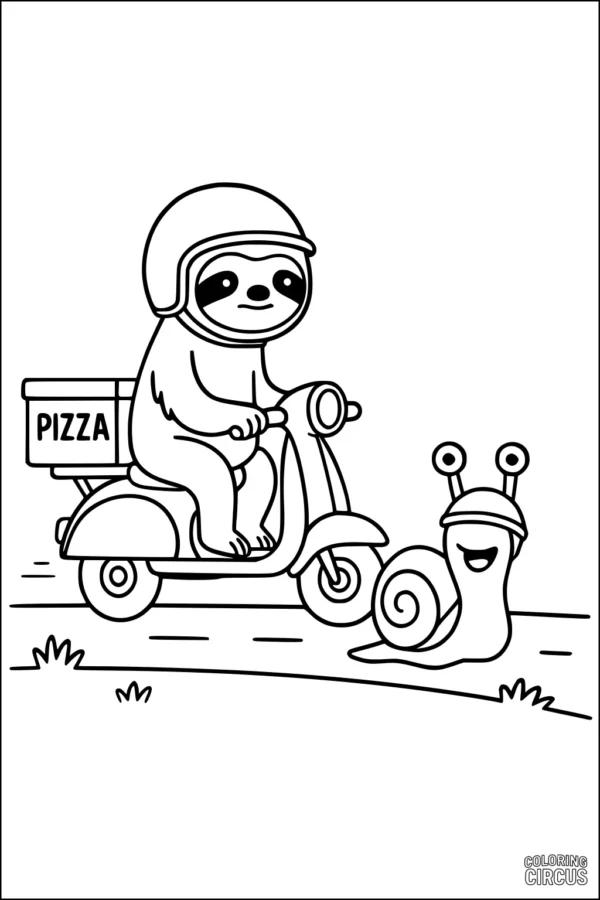 Coloring page showing a sloth delivering pizza on a scooter with a snail friend on the road