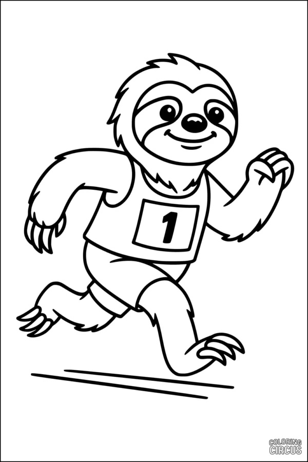 Coloring page of a happy sloth running in a race wearing a numbered shirt