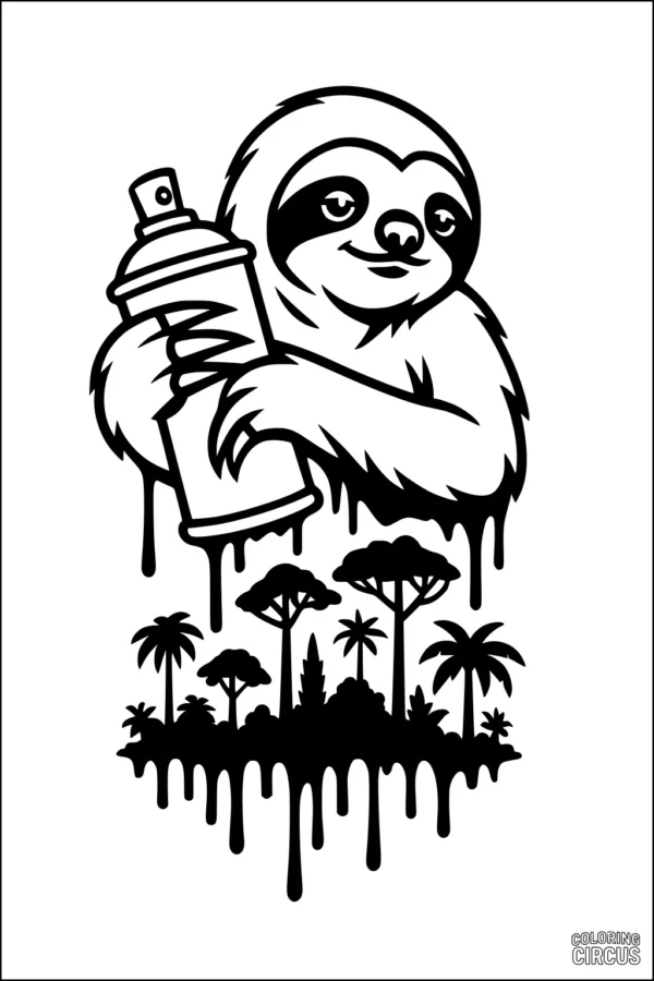 Coloring page featuring a sloth holding a spray paint can with a dripping rainforest below