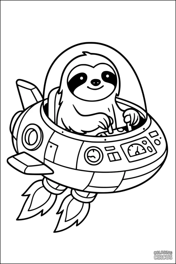 Coloring page with a smiling sloth flying a cartoon rocket ship