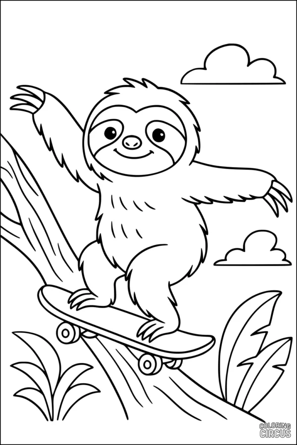 Coloring page of a smiling sloth skateboarding on a log with jungle plants and clouds