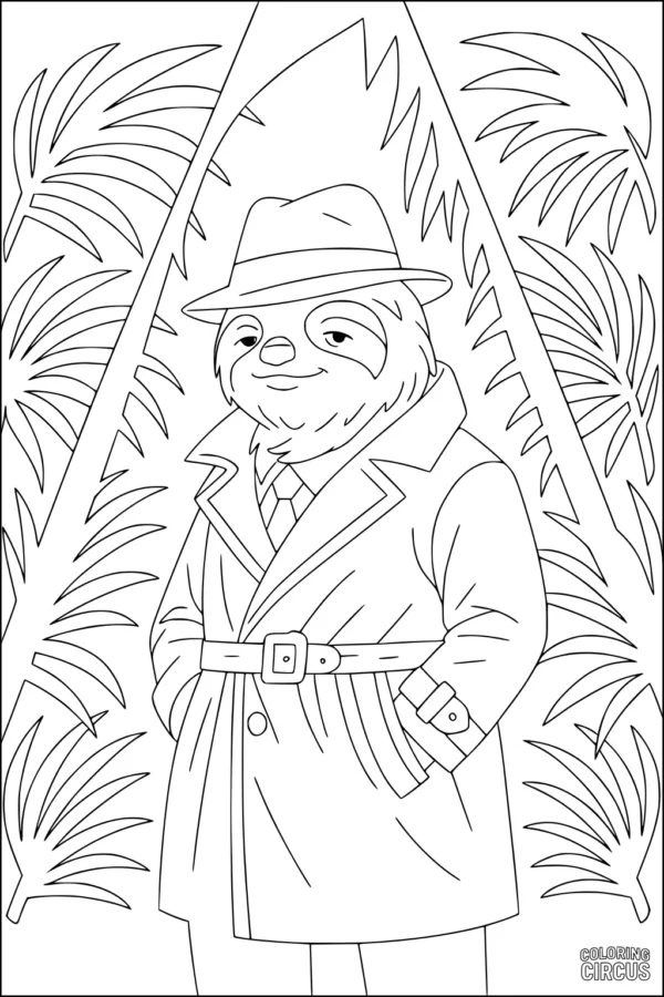 Coloring page of a sloth wearing a trench coat and hat, standing among tropical leaves