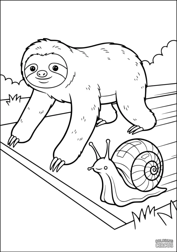 Coloring page with sloth and snail slowly walking together, suitable for young children