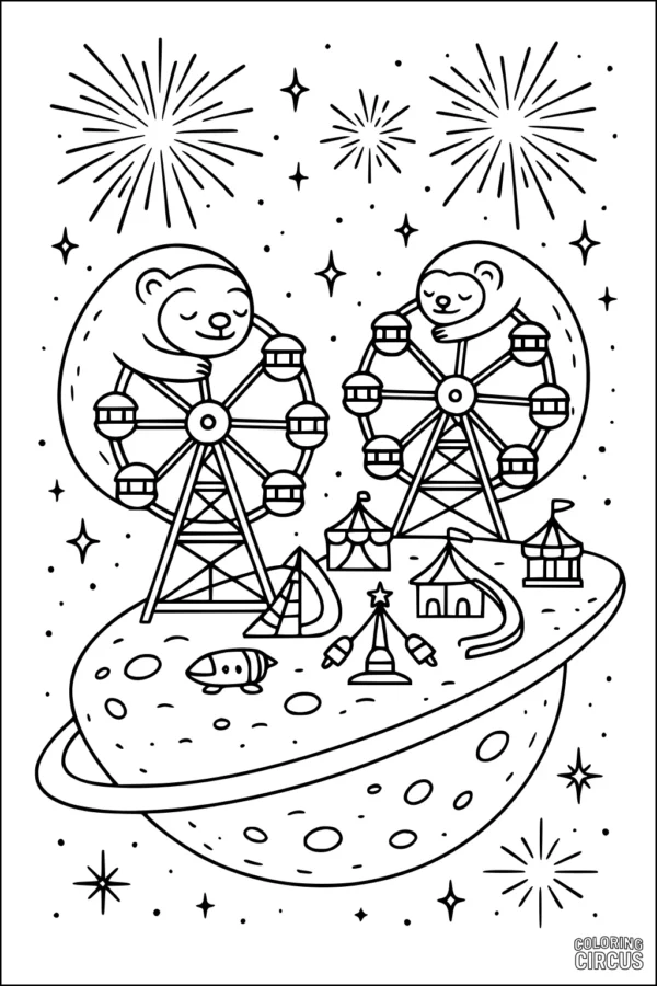 Coloring page featuring sleepy sloths on Ferris wheels at a space carnival with fireworks and stars.