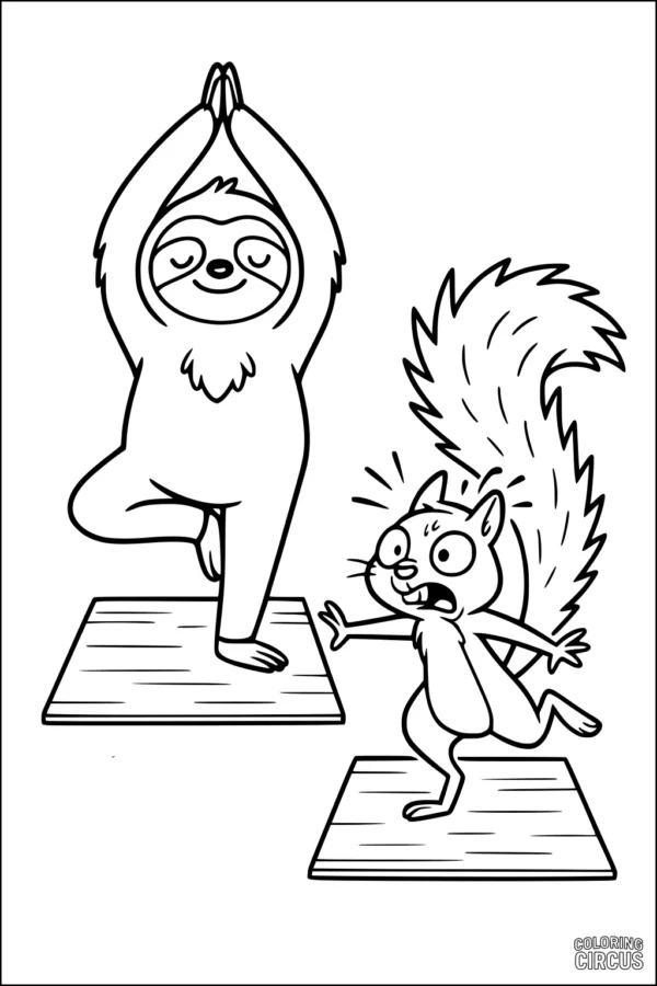 Coloring page shows a sloth and a squirrel doing yoga on mats together