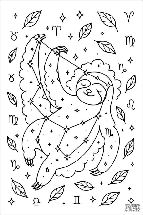 Coloring page featuring a smiling sloth hanging among stars, zodiac signs, and leaves, with constellations outlining its body.