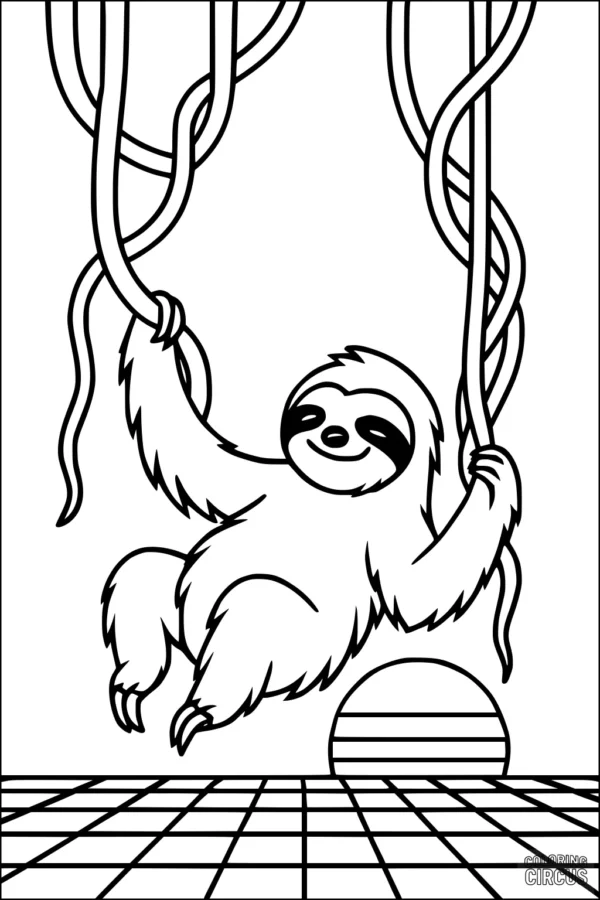 Coloring page with a smiling sloth swinging from vines against a sunset background
