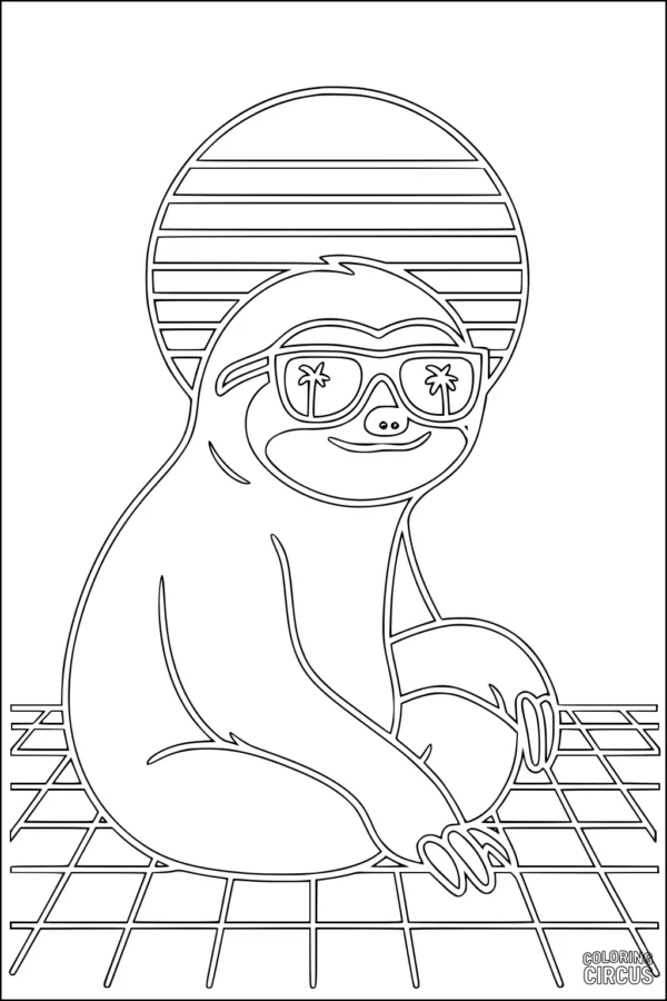 Coloring page sloth wearing sunglasses with palms in the lenses and a sunset background