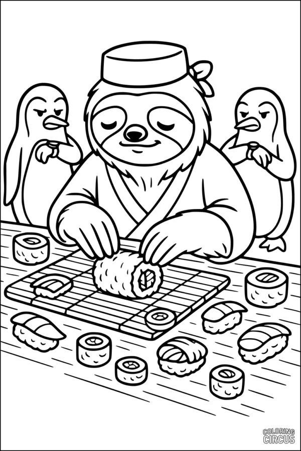 Coloring page of a sloth making sushi with penguins watching
