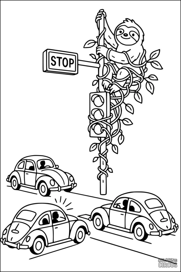 Coloring page featuring a sloth on a vine-wrapped traffic light above classic cars at an intersection