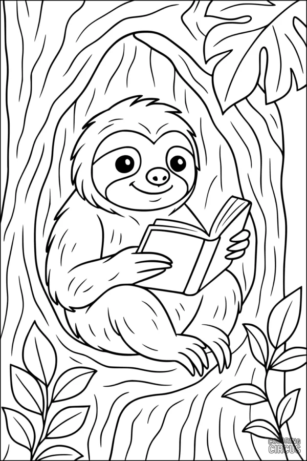 Coloring page sloth reading book in tree nook with leafy branches