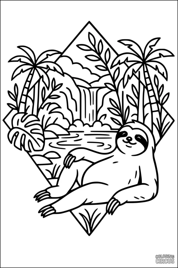 Coloring page showing a smiling sloth relaxing by a jungle waterfall with tropical plants and trees