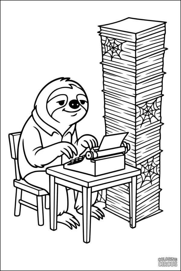 Coloring page showing a cheerful cartoon sloth typing at a desk with a tall stack of papers and cobwebs