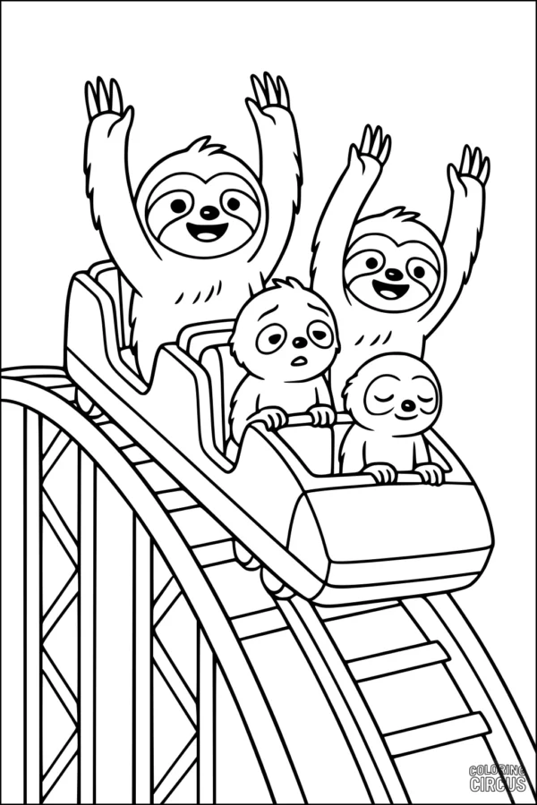 Coloring page with four cartoon sloths riding a roller coaster, with expressive faces and raised arms.
