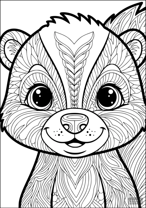 Coloring page of a cute skunk with decorative patterns and big eyes for kids