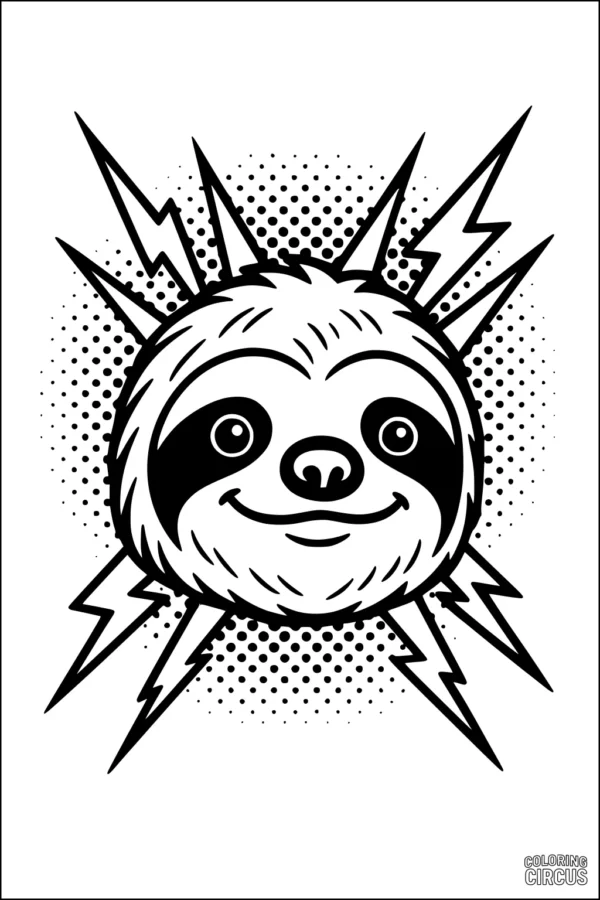 Coloring page featuring a happy sloth face with lightning bolts and dotted comic-style background