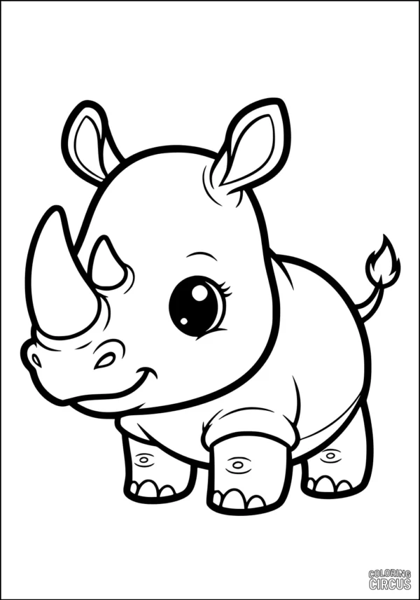 Coloring page of a cartoon baby rhinoceros with large eyes and a friendly expression