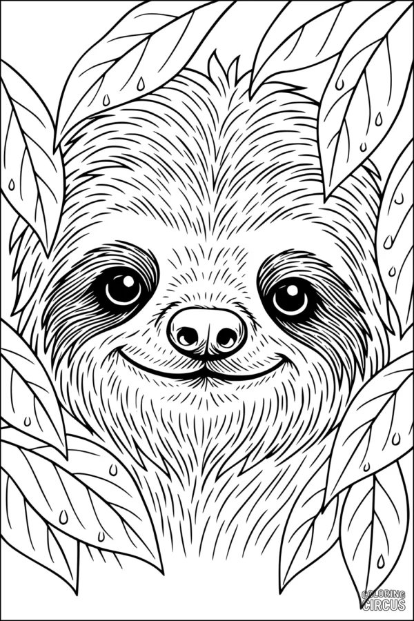 Coloring page of a smiling sloth face peeking through leaves with raindrops