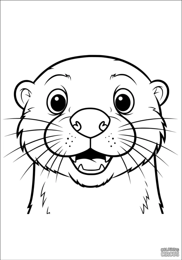 Coloring page showing a friendly cartoon otter face with a big smile