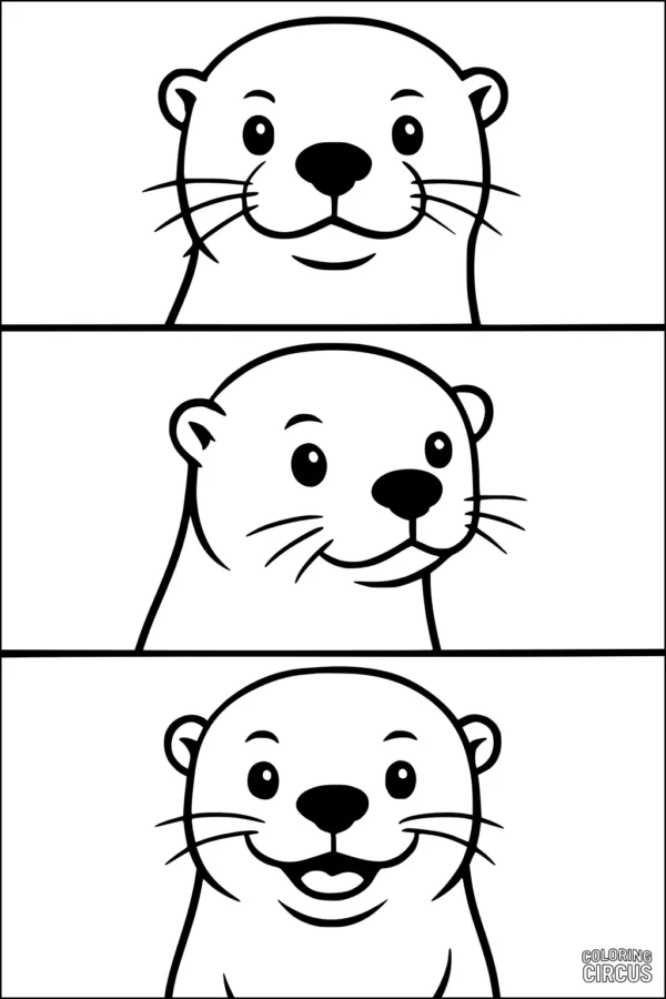 Coloring page showing three cute otter faces stacked in rows