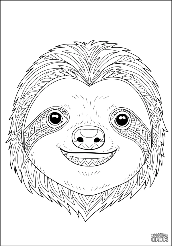 Coloring page featuring a smiling sloth with patterned fur and large, friendly eyes