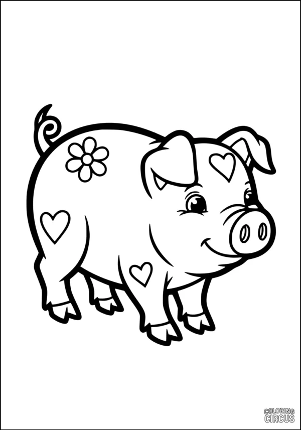 Coloring page easy cartoon pig with hearts and flower decorations, suitable for young kids