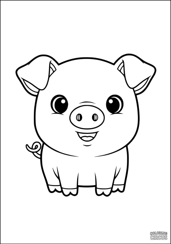 Coloring page of a cute cartoon piglet with a big smile, large eyes, and a curly tail, perfect for kids.