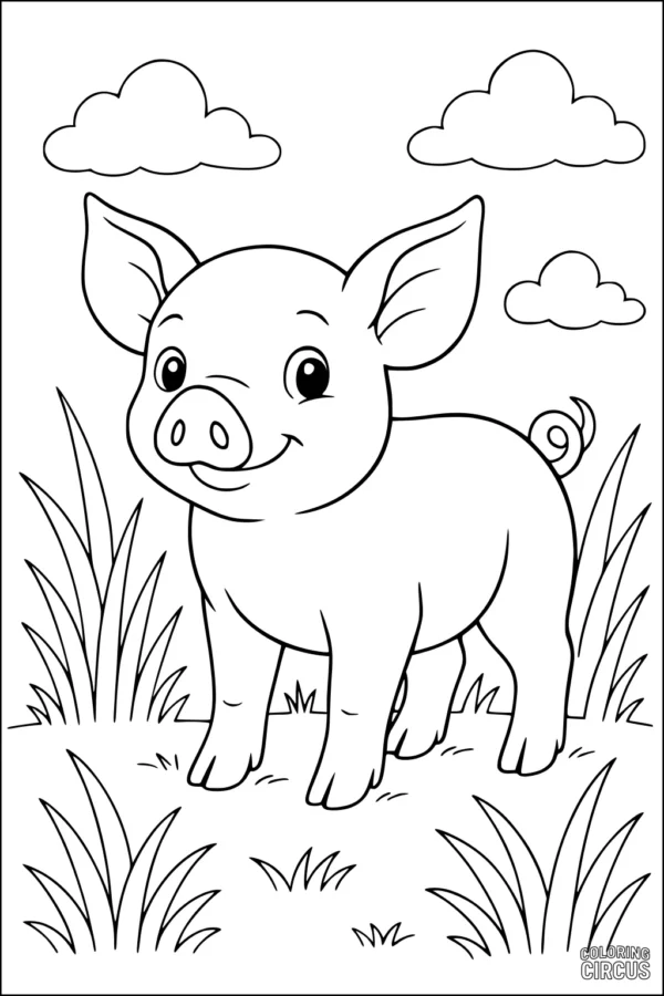 Coloring page of a cute piglet standing in a field with grass and clouds