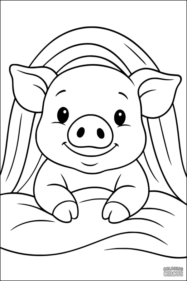 Coloring page of a cute smiling piglet under a rainbow