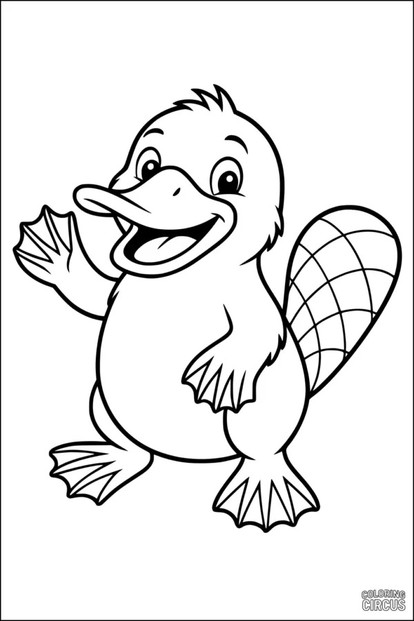 Coloring page with a friendly cartoon platypus waving happily, featuring big eyes and webbed feet.