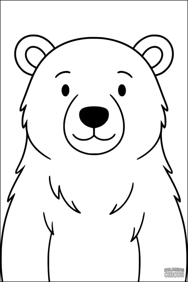 Coloring page of a cute smiling polar bear with large ears and fluffy fur, simple cartoon style