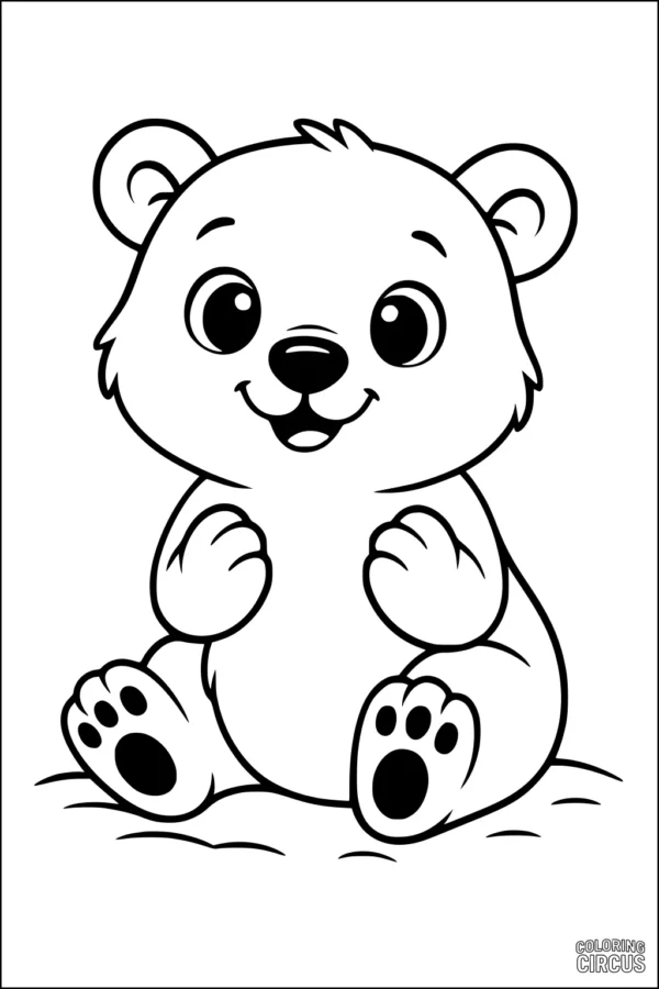 Coloring page of a cute cartoon polar bear cub sitting happily on snow