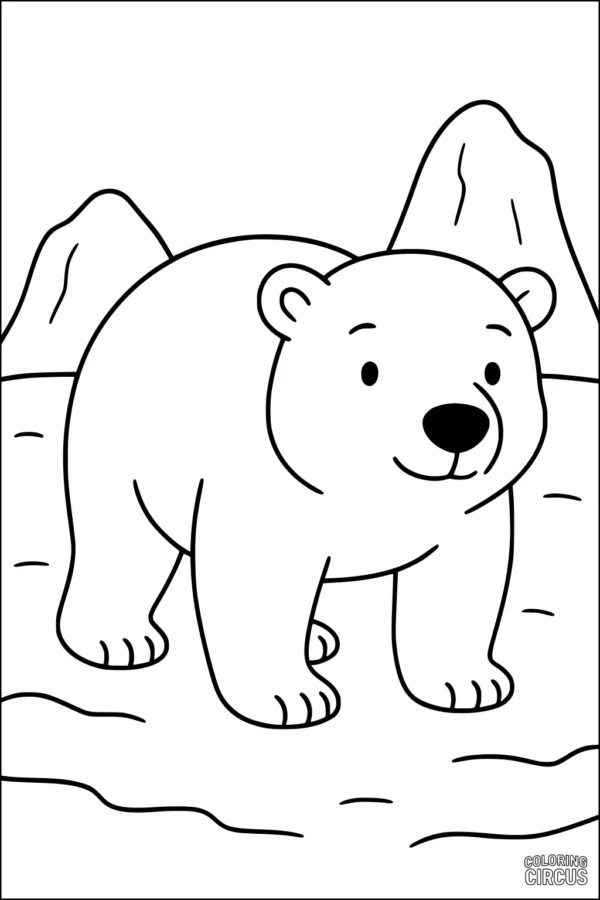 Coloring page showing a cute polar bear standing on snow with mountains in the background
