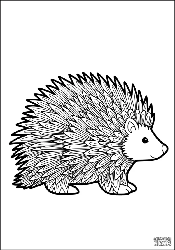 Coloring page of a smiling porcupine with detailed quills