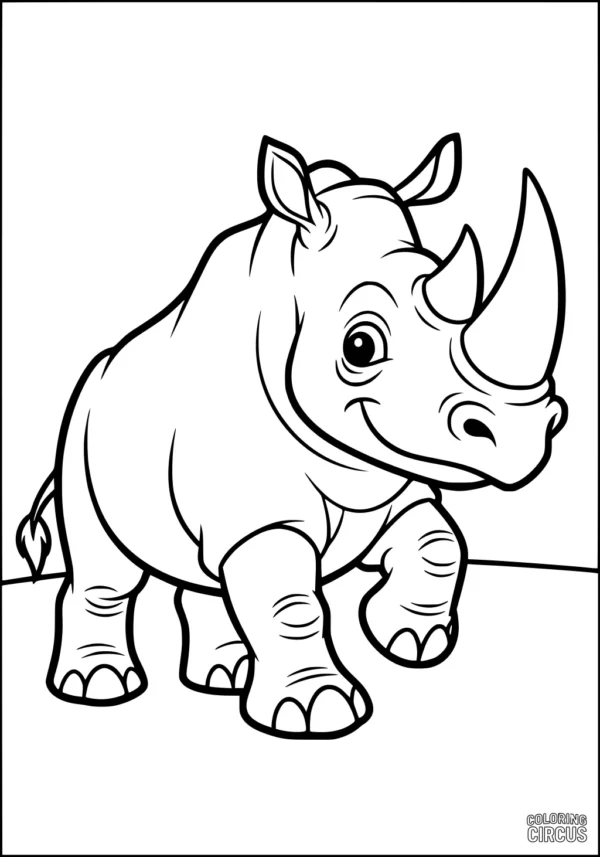 Coloring page showing a cute cartoon rhinoceros with a big smile, standing outdoors, ideal for young children