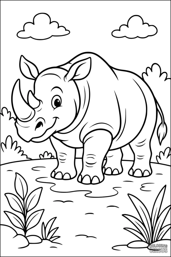 Coloring page showing a friendly cartoon rhinoceros on a grassy savannah under clouds