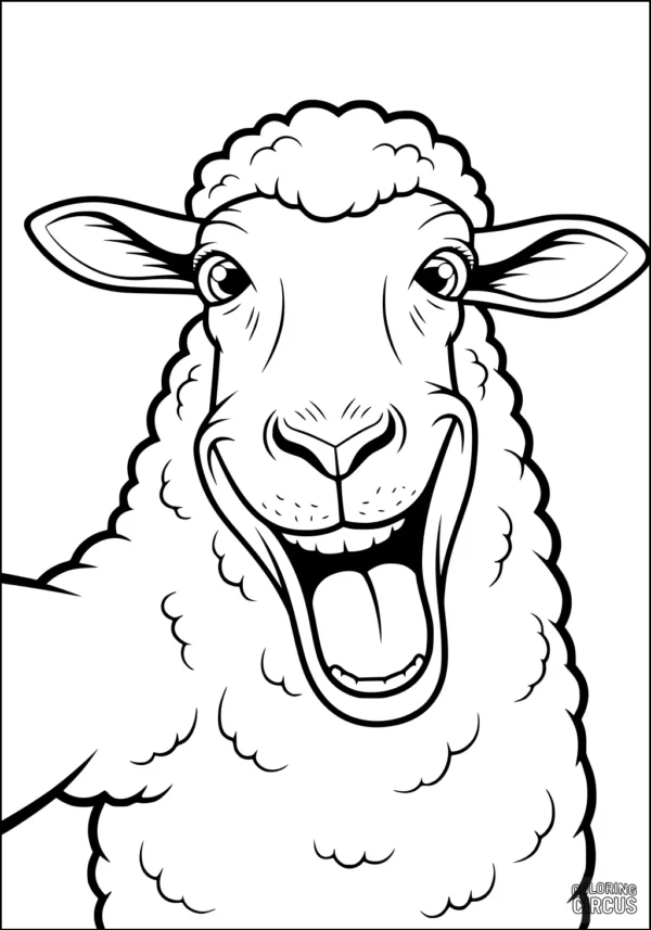 Coloring page showing a happy sheep with a big smile and fluffy wool