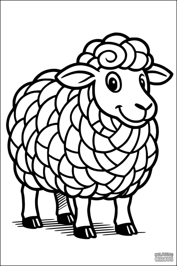 Coloring page of a cute sheep with a large curly fleece in a cartoon style
