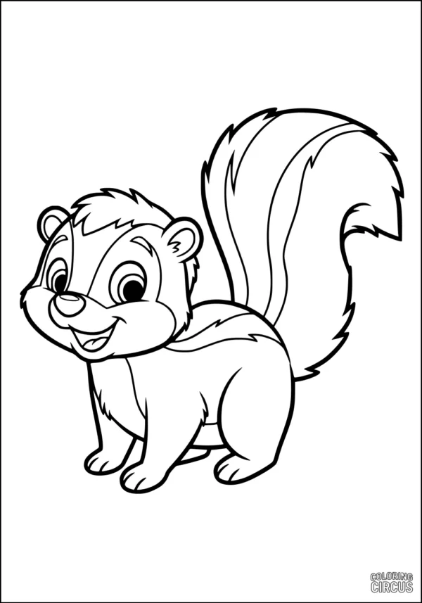 Coloring page featuring a cute cartoon skunk with a big tail and happy face
