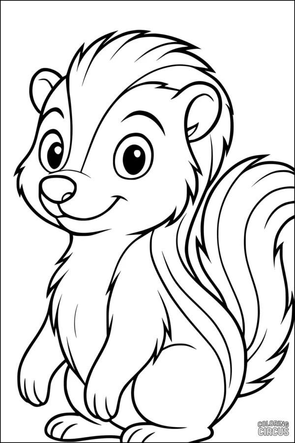 Coloring page features a cute cartoon skunk with a fluffy tail and friendly smile