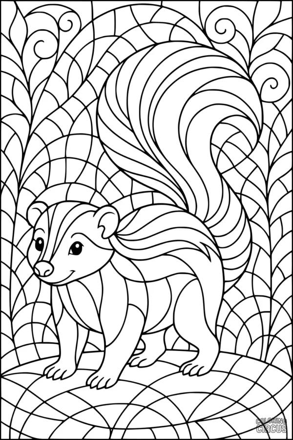 Coloring page with a cute skunk and swirling forest background, perfect for kids and nature lovers