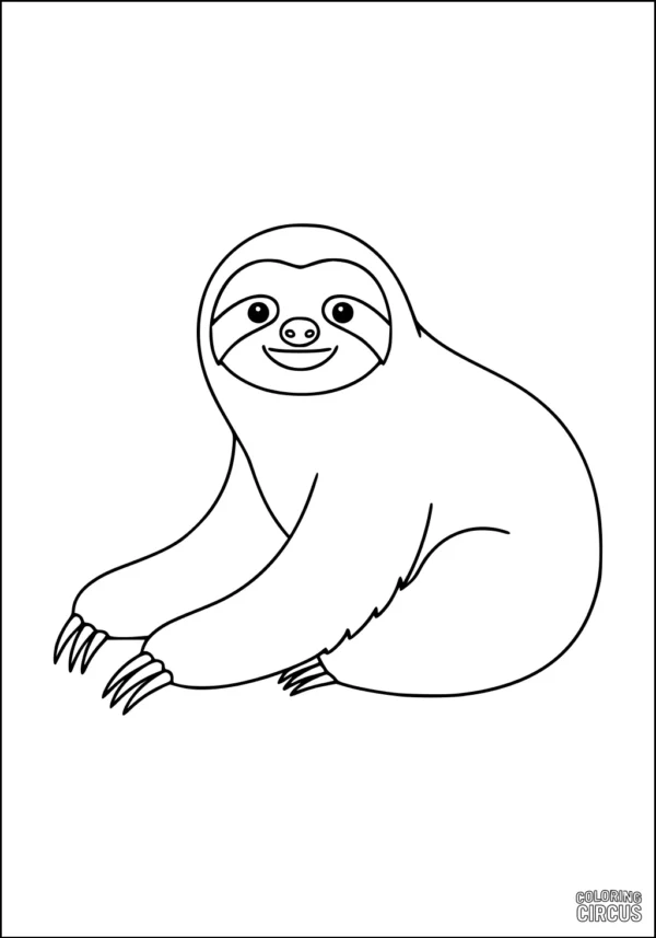 Coloring page of a cute cartoon sloth sitting and smiling