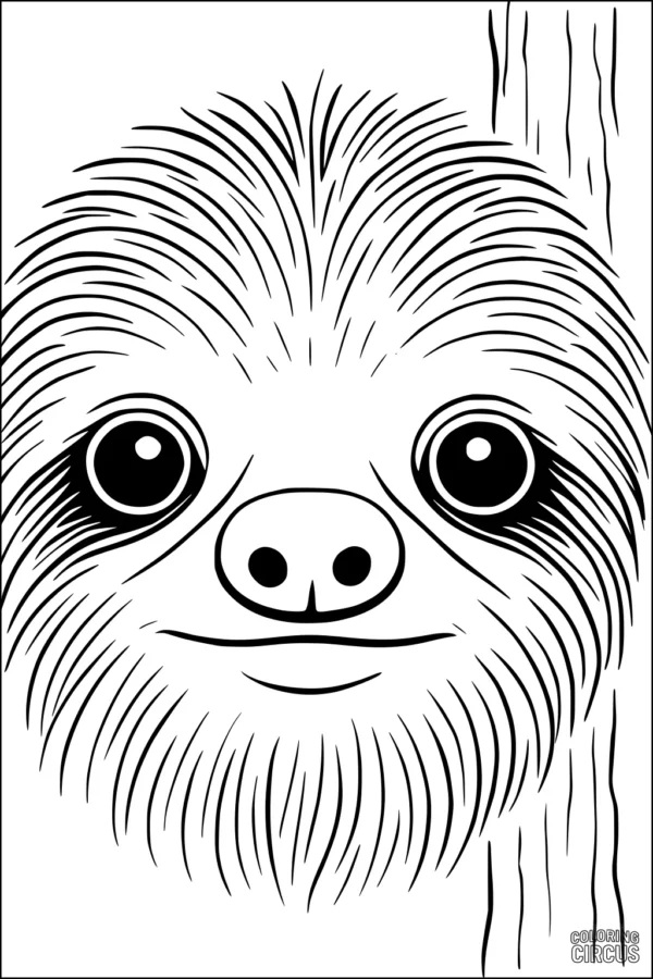 Coloring page of a smiling sloth face peeking from behind a tree