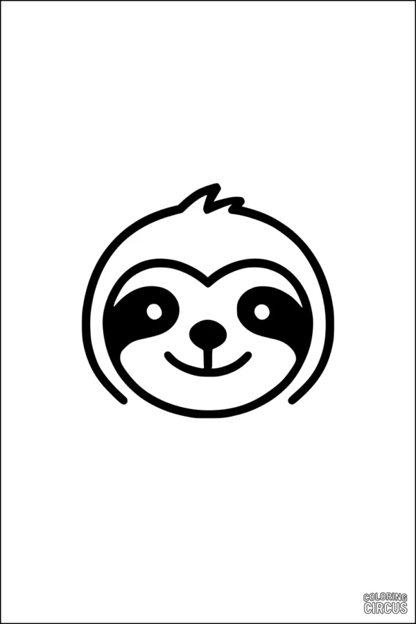 Coloring page featuring a simple smiling sloth face for kids