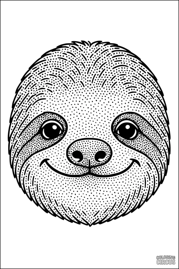 Coloring page featuring a cute sloth face with a big friendly smile, designed for young children.