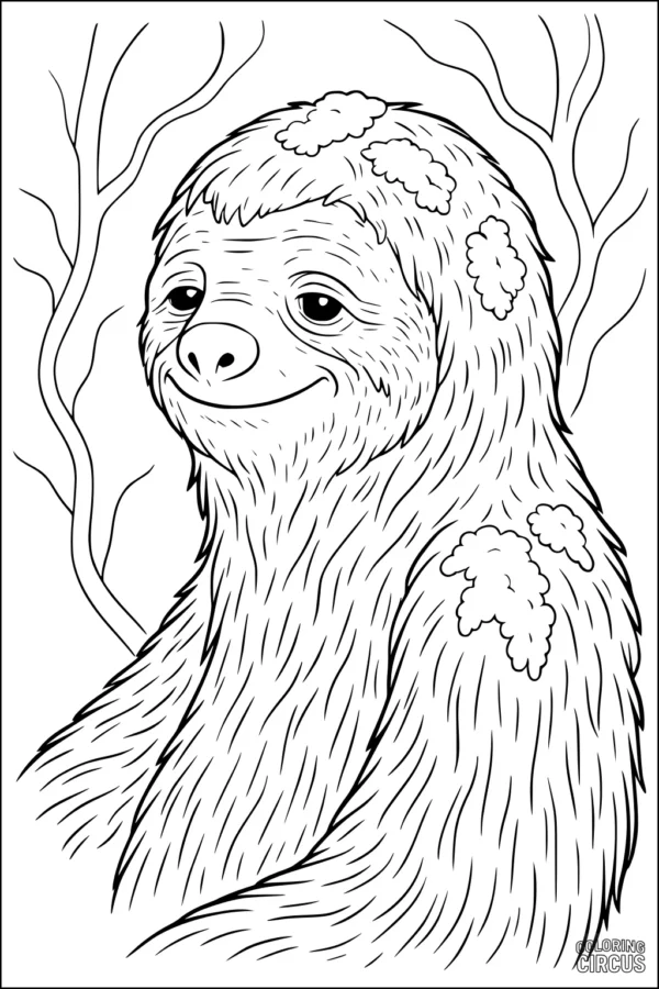 Coloring page of a smiling sloth with fluffy fur and background branches