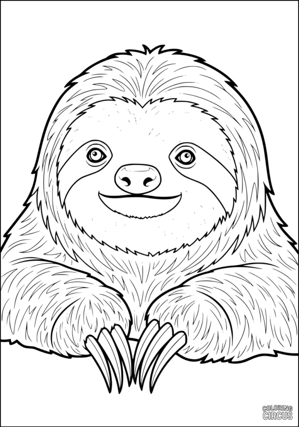 Coloring page of a happy sloth with a big smile and fluffy fur, suitable for young children
