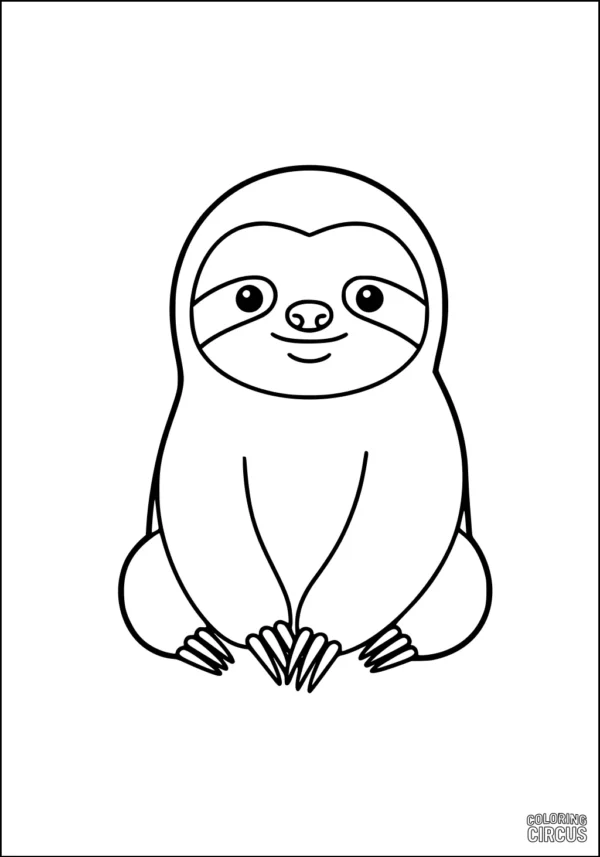 Coloring page featuring a cute cartoon sloth sitting calmly