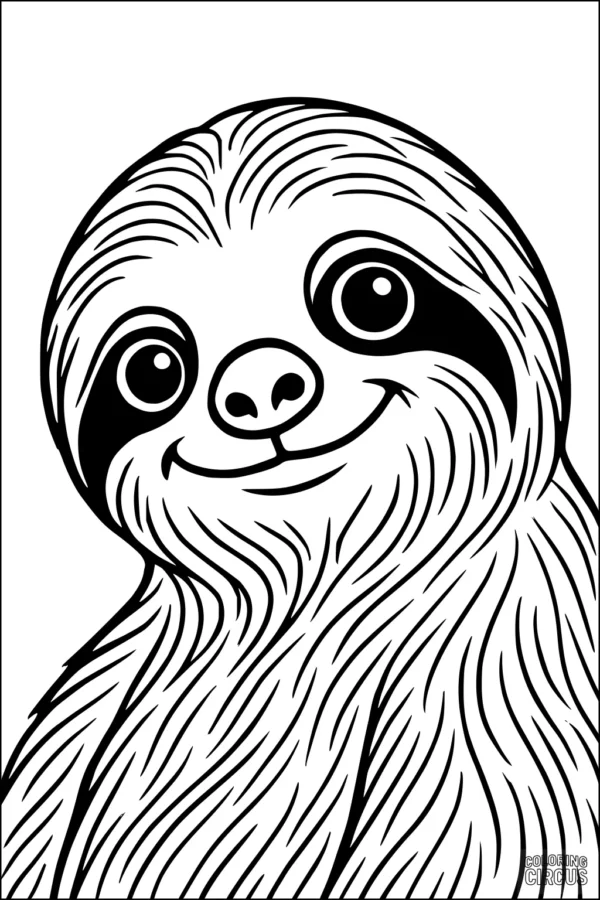 Coloring page of a cute smiling sloth with big eyes and fluffy fur