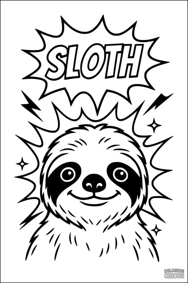 Coloring page showing a smiling cartoon sloth face with bold comic-style shapes and the word 'Sloth' above